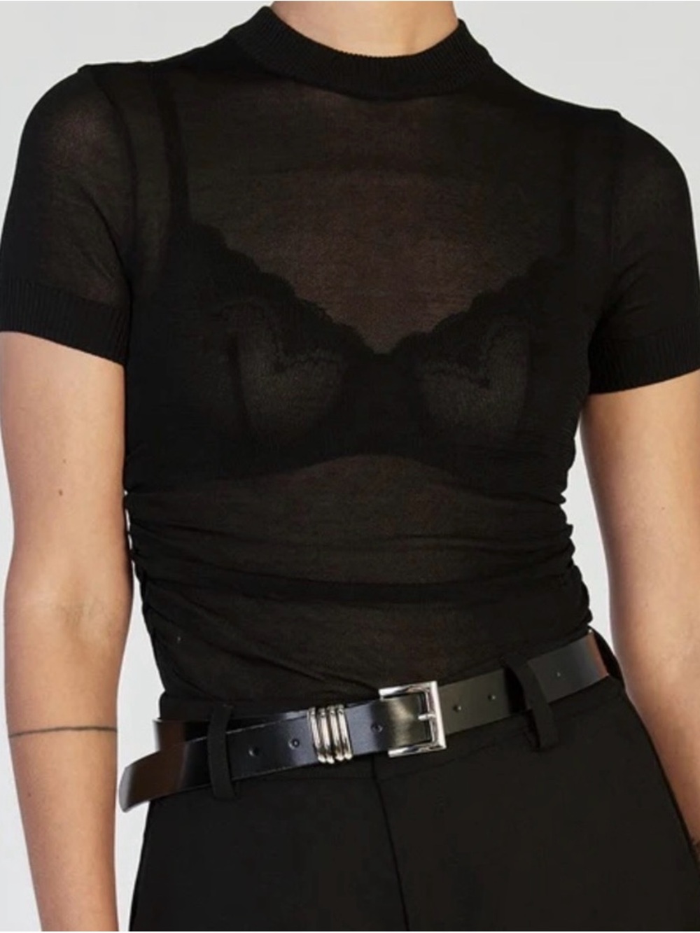DISSH Black Sheer Short-Sleeve Mock Neck Top